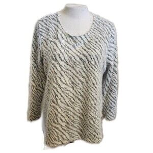Lane Bryant Scoop Neck Fuzzy Eyelash Knit White Gray Zebra Stripe Sweater, 18-20